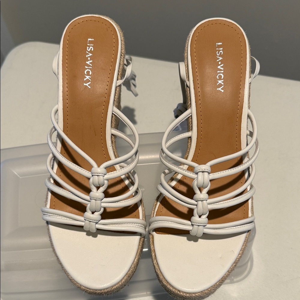 New Lisa Vicky Gaze V Elegant Bridal White Platform Wedge Tie Up Sandal Size 10